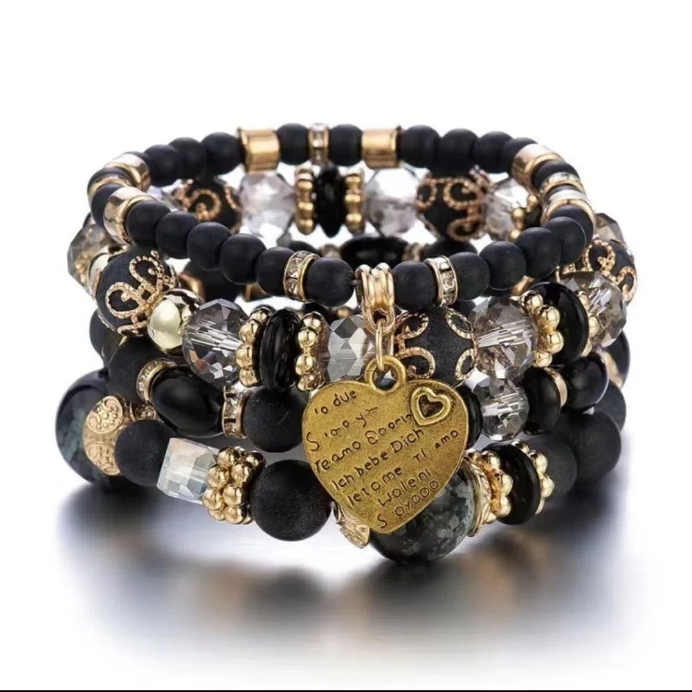 Bracelet Heart Charm Bead Layered Set Elastic Stretch